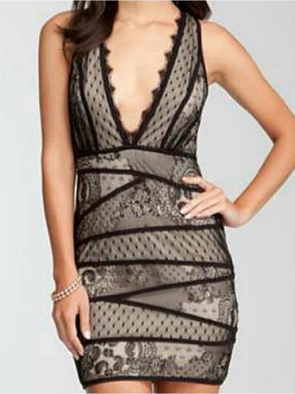 💋 BEBE Jasper Deep V Lace Dress Black nude S RARE 💋